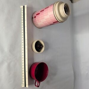 Vintage Thermos Pink Geometric Vacuum Flask Plastic Glass Insulated Cup Lid